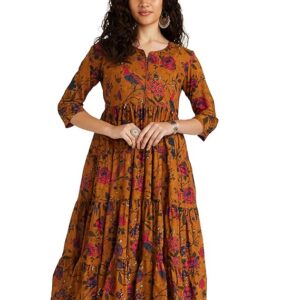 BIBA Women's Fit and Flare Ankle Length Cotton Flared Printed Dress